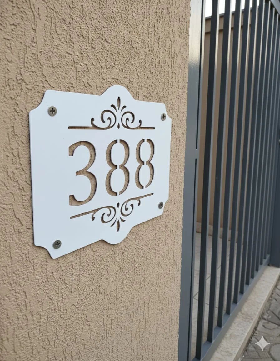 Número residencial em aço instalado na parede de uma fachada